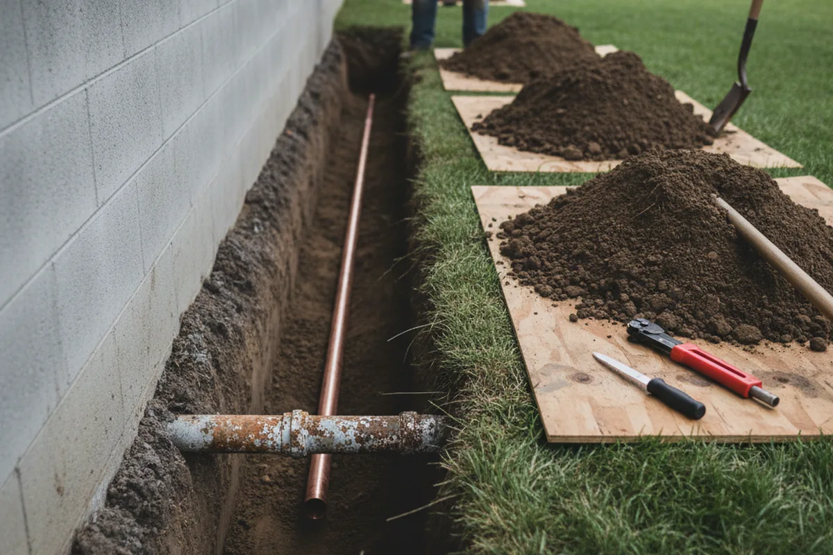 Excavated water line trench during Water Softener Installation in Roseland